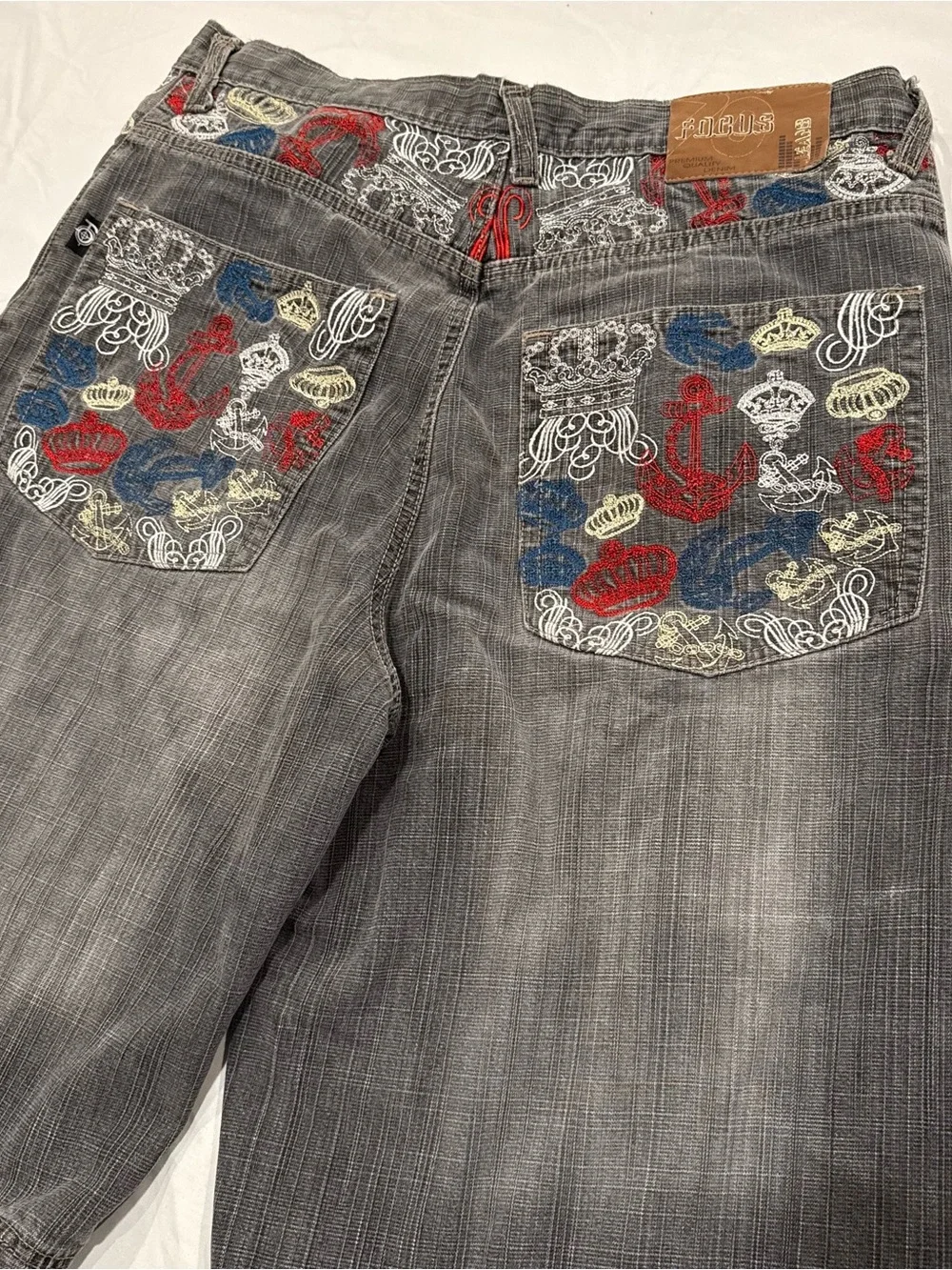 Vintage Y2k Focus 34 Rare Baggy Jean Denim Shorts Grey Stone Wash Flaw No Button
